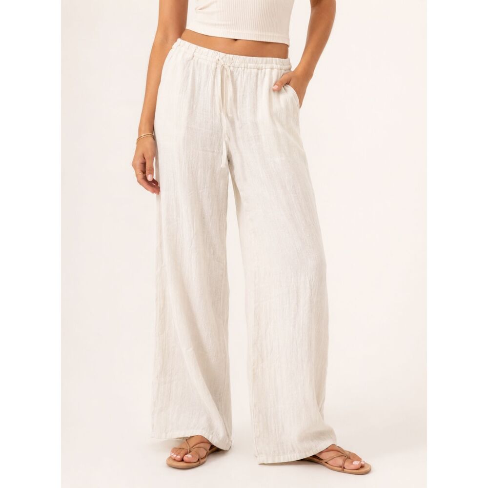 Zara Cream Gauze Wide Leg Elastic Drawstring Pants Women's Large Coastal Boho